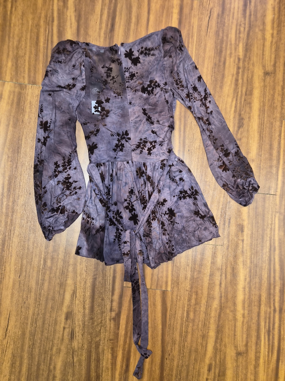 Purple Floral Velvet-Print Long Sleeve Romper with Tie Waist